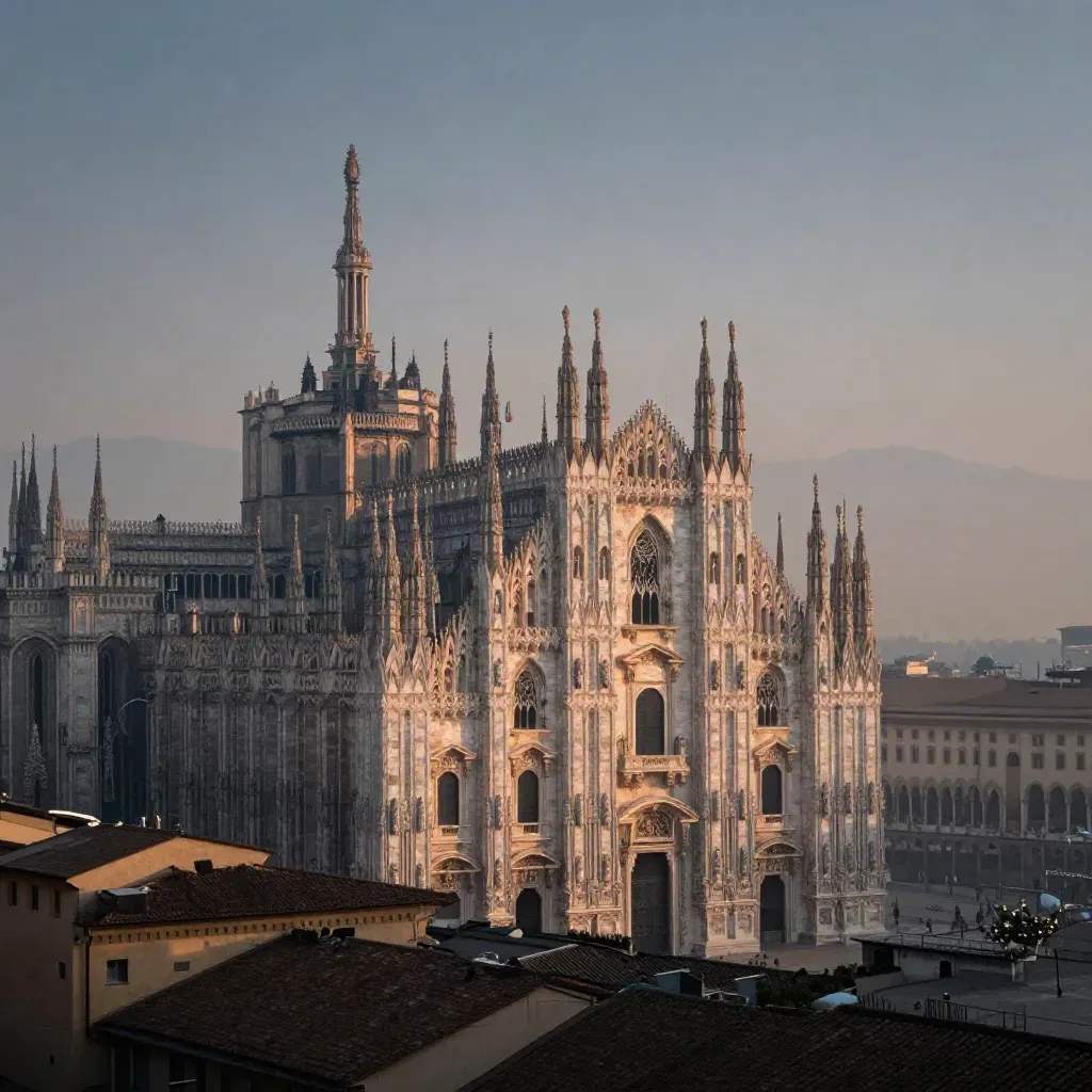 Duomo di Milano al crepuscolo con cielo velato e profilo alpino lontano