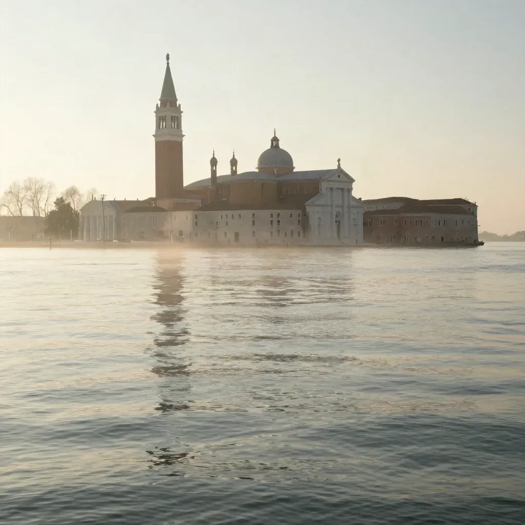 Laguna veneta all’alba con campanile lontano e acqua velata nella foschia